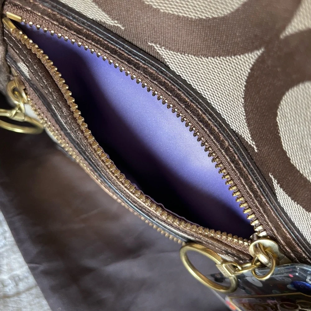 Coach Poppy C op art glam bronze metallic leather brown jacquard canvas tote bag